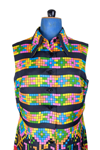 Vintage 1970s Silk Dress Geometric Print Sleeveless Tetris Dress - Medium