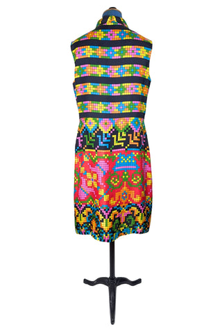 Vintage 1970s Silk Dress Geometric Print Sleeveless Tetris Dress - Medium
