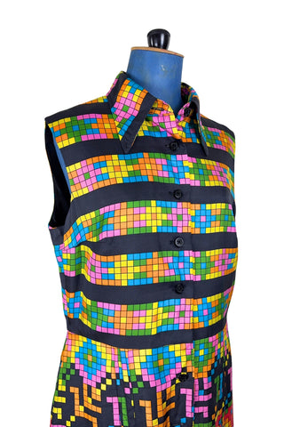 Vintage 1970s Silk Dress Geometric Print Sleeveless Tetris Dress - Medium