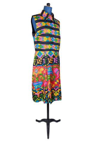 Vintage 1970s Silk Dress Geometric Print Sleeveless Tetris Dress - Medium