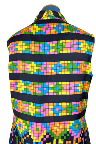 Vintage 1970s Silk Dress Geometric Print Sleeveless Tetris Dress - Medium