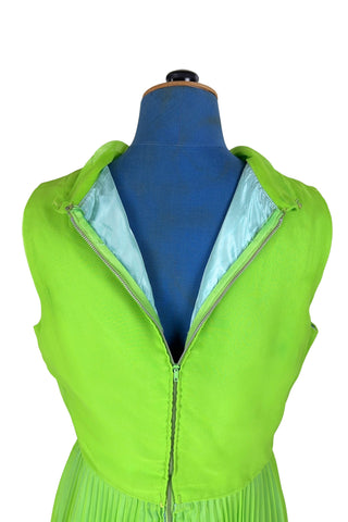 Vintage 1960s Party Dress Lime Green Pleated Ruffles - Small
