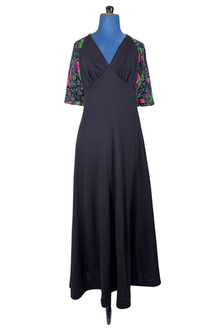 Vintage 1970s Maxi Dress with Cape Floral Print Backless Dress - Small