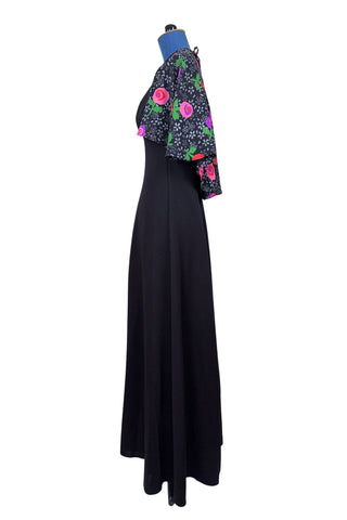 Vintage 1970s Maxi Dress with Cape Floral Print Backless Dress - Small