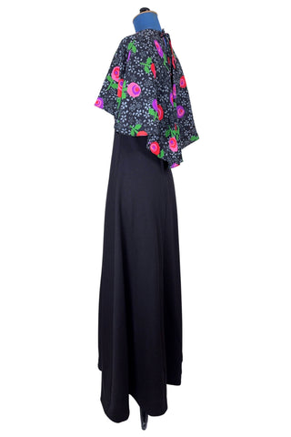 Vintage 1970s Maxi Dress with Cape Floral Print Backless Dress - Small