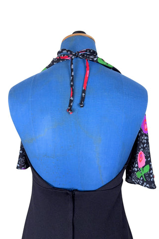 Vintage 1970s Maxi Dress with Cape Floral Print Backless Dress - Small
