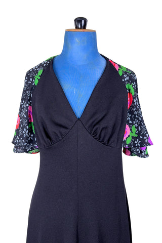 Vintage 1970s Maxi Dress with Cape Floral Print Backless Dress - Small