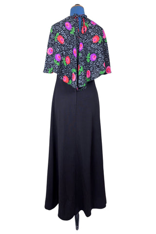 Vintage 1970s Maxi Dress with Cape Floral Print Backless Dress - Small