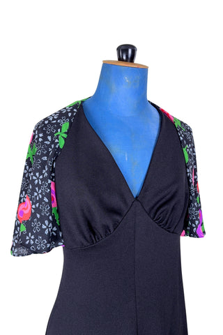Vintage 1970s Maxi Dress with Cape Floral Print Backless Dress - Small