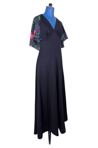 Vintage 1970s Maxi Dress with Cape Floral Print Backless Dress - Small