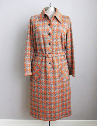1970s Dress Orange Grey Houndstooth