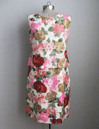 2-Pc 1960s Silk Dress Pink Flowers