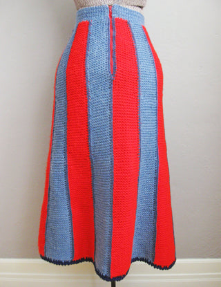 1970s Skirt Knit Midi Blue Red Stripe