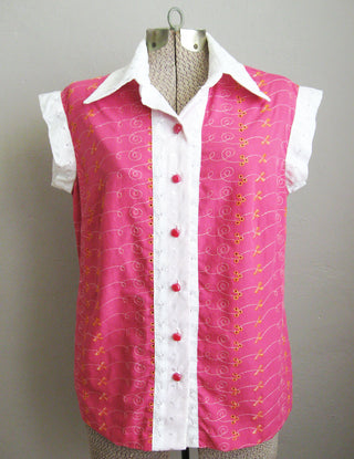 1970s Blouse Pink Eyelet Embroidered