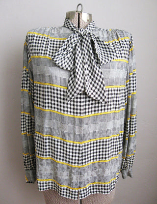 1980s Blouse Yellow Black Houndstooth