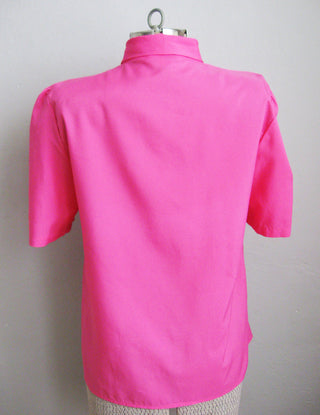 Hot Pink Blouse Bow Collar Short Sleeves