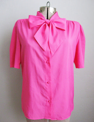 Hot Pink Blouse Bow Collar Short Sleeves