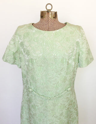 1960s Dress Celery Green Brocade Braid