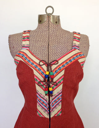 1970s Mexican Sun Dress Rust Cotton