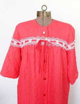1950s Quilted Robe Coral Pink Lace