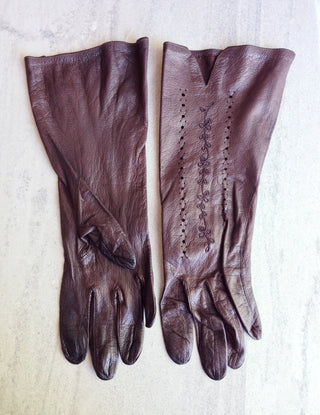 1950s Gloves Brown Leather Embroidered