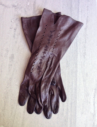 1950s Gloves Brown Leather Embroidered