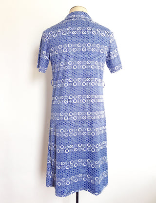 1970s Blue Shirt Dress Geometric Print