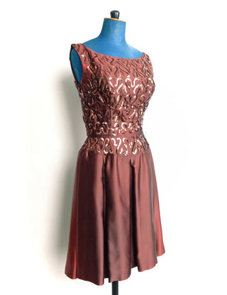 1950s Cocktail Dress Bronze Satin Sequin