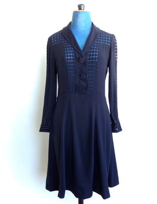30s 40s Dress Navy Blue Crepe Broderie
