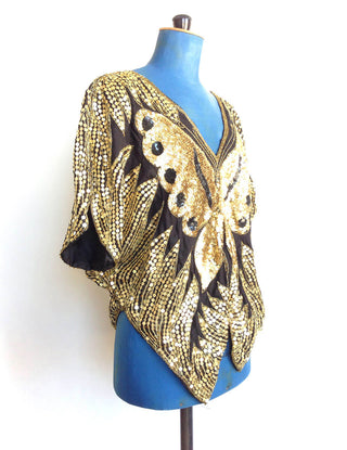 1980s Sequin Butterfly Top Gold Black Silk