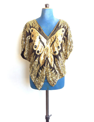 1980s Sequin Butterfly Top Gold Black Silk