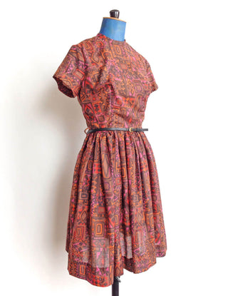 1950s Batik Print Dress Full Skirt Bow