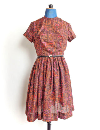 1950s Batik Print Dress Full Skirt Bow