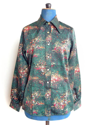 1970s Blouse Green Speckle Micro Floral