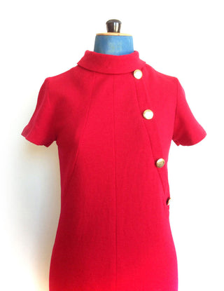 1960s Dress Red Wool Gold Buttons