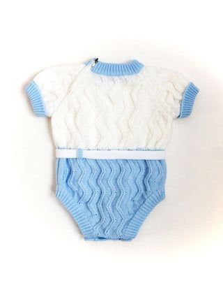1960s Knit Baby Romper Belted Blue
