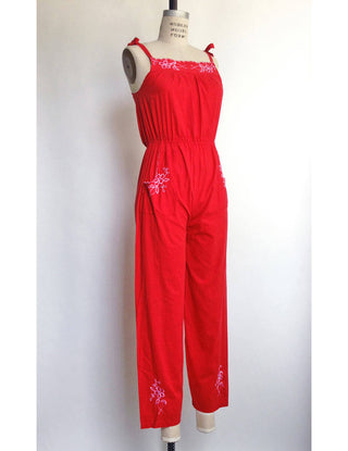 1970s Romper Jumpsuit Red Cotton